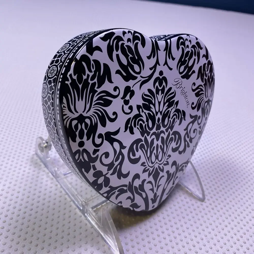 Brighton Heart Shaped Metal Tin Box Black & White Jewelry Trinket Case With Lid